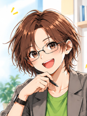 ノートパソコンの前で笑顔で話す、よっしーのイラスト